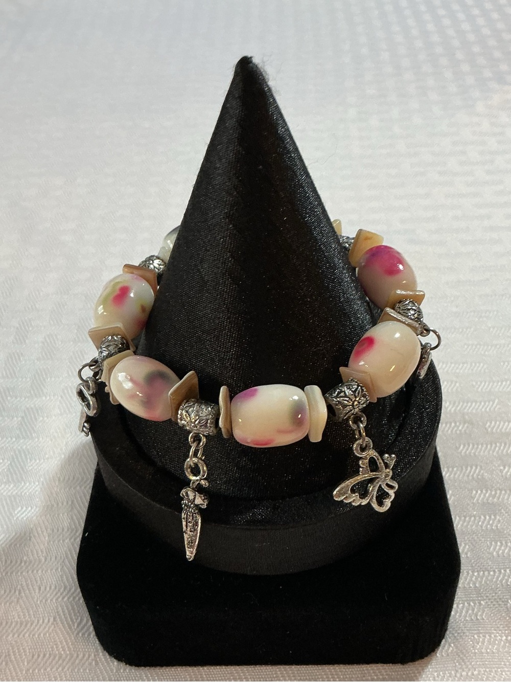 Floral Lamp-work Glass Bead Silver Tone Charm Bracelet